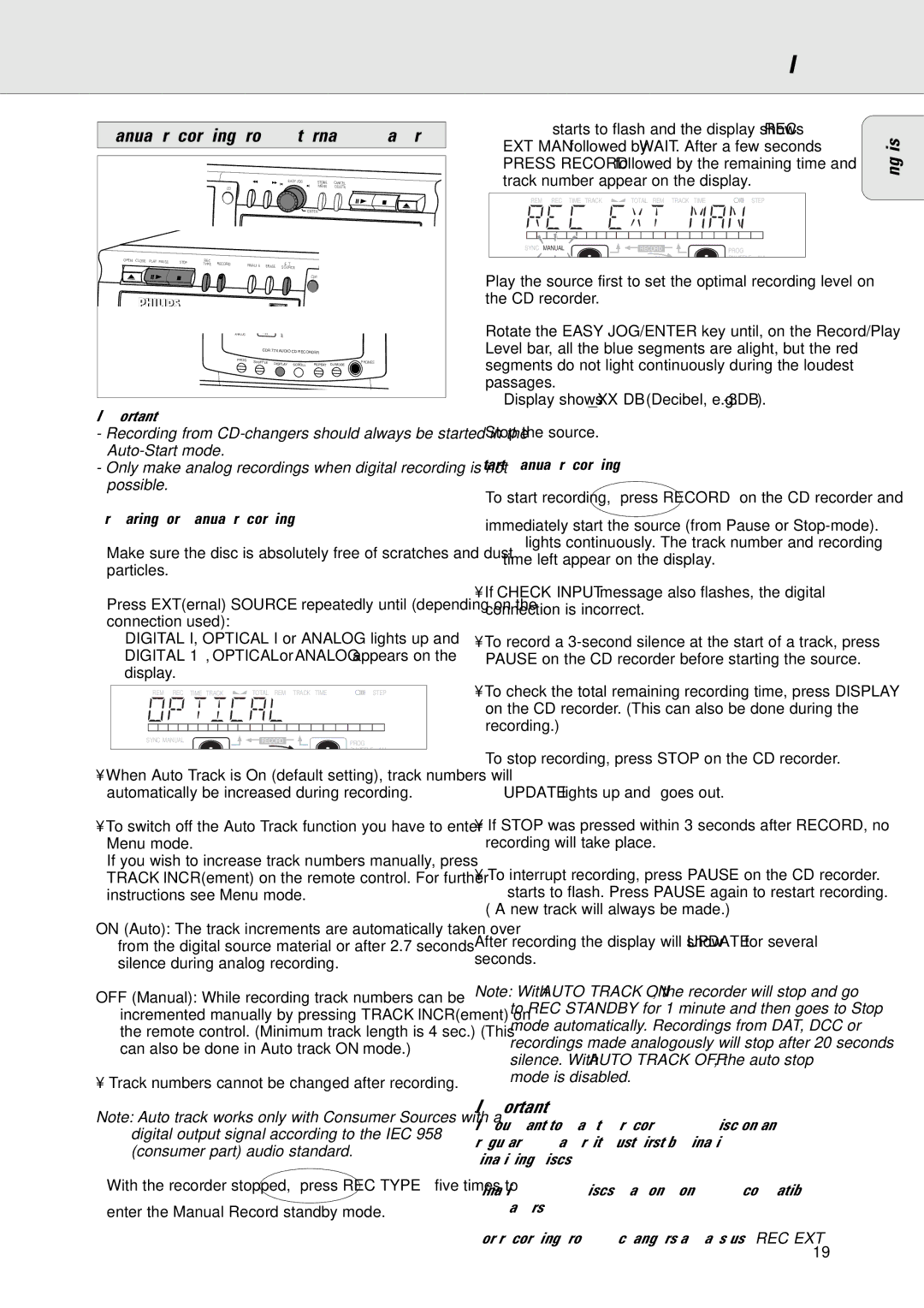 Philips CDR775/777 Manual recording from external CD player, Preparing for manual recording, Start manual recording 