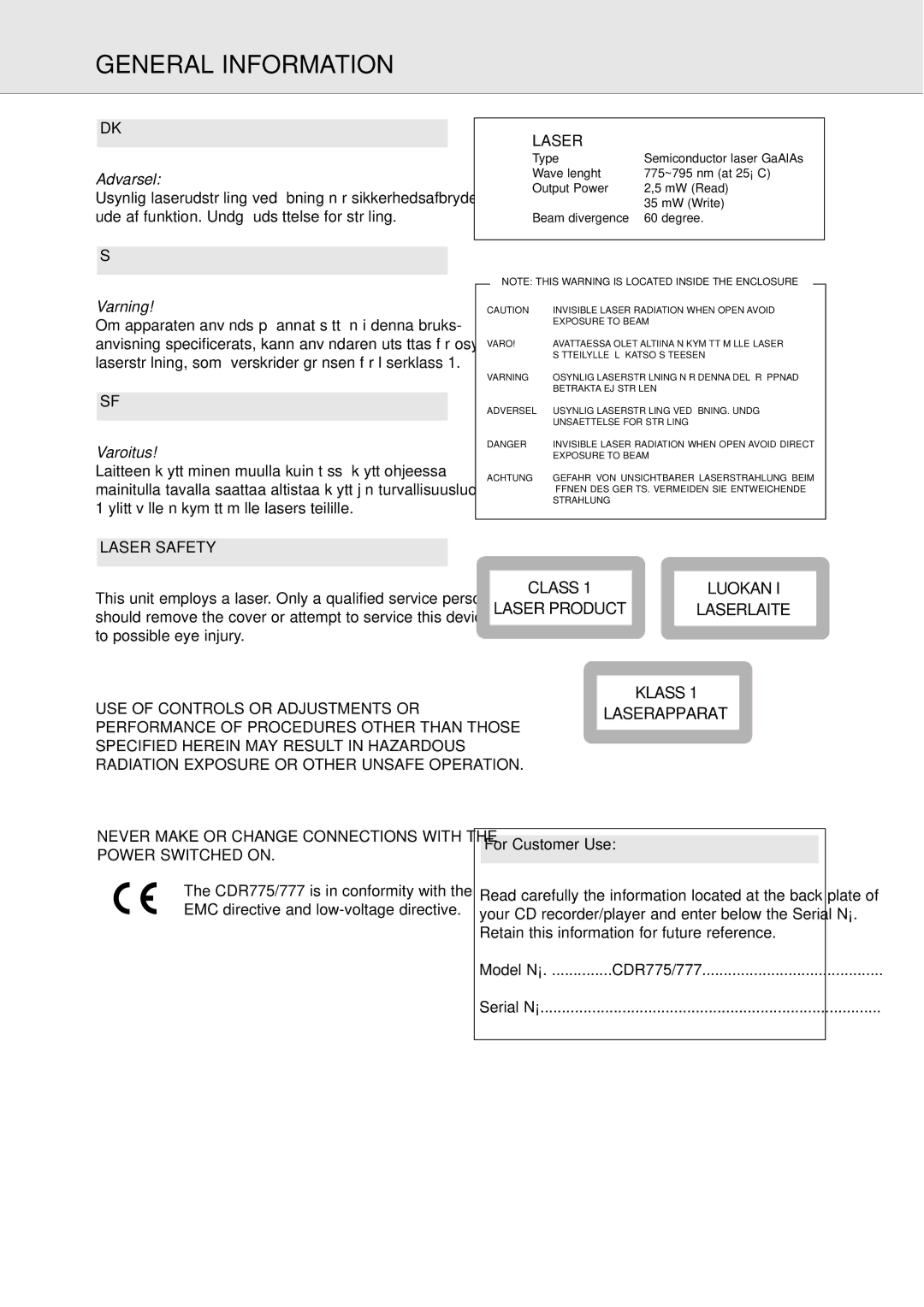 Philips CDR775/777 manual General Information, Varning, Varoitus, For Customer Use 