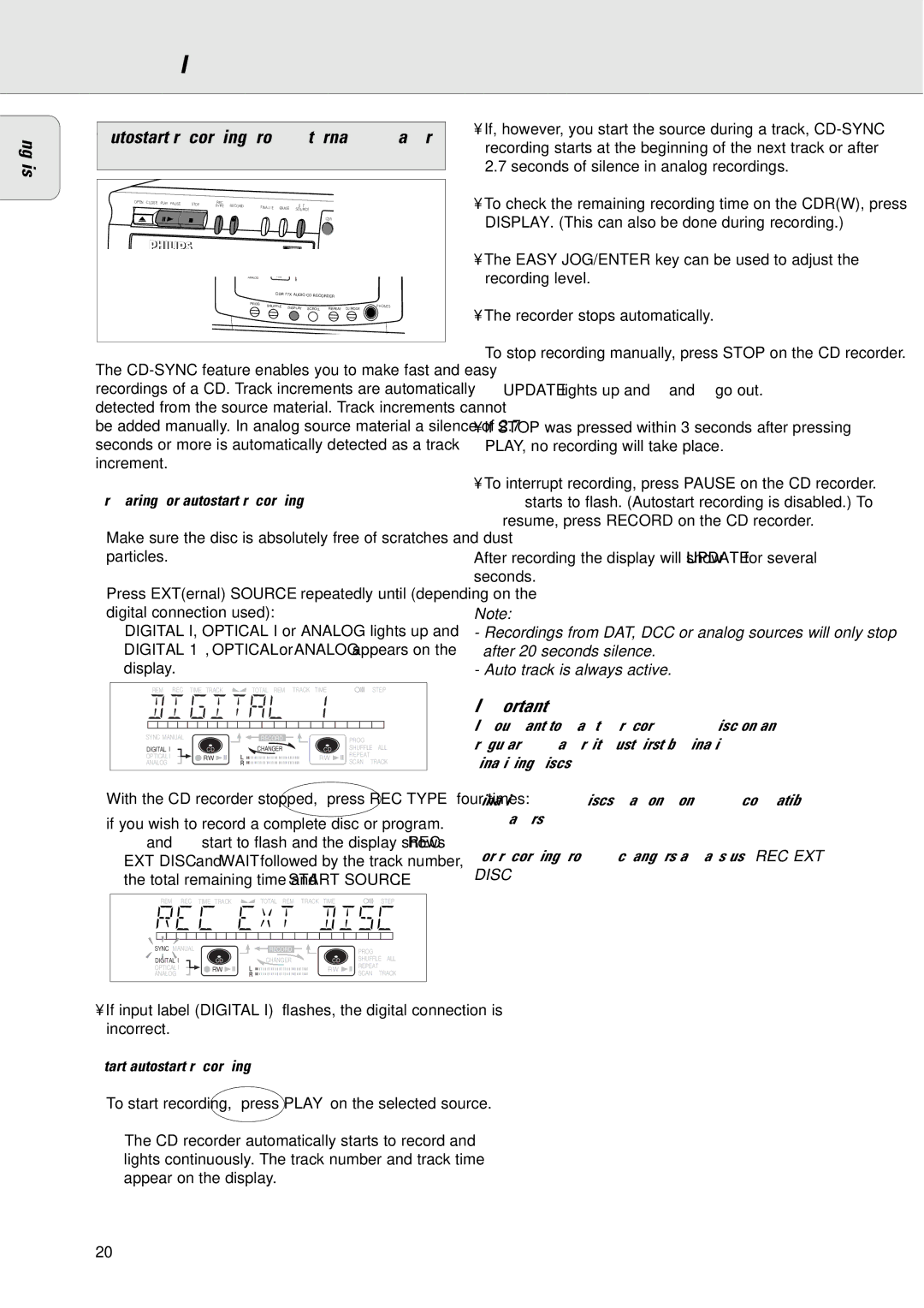 Philips CDR775/777 manual Preparing for autostart recording, If you wish to record a complete disc or program 