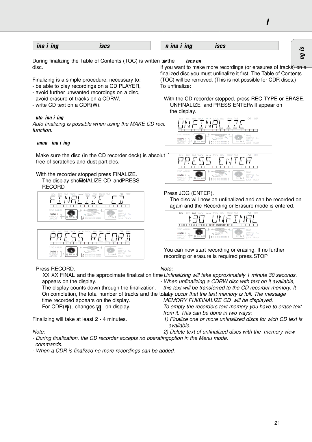 Philips CDR775/777 manual Finalizing CDR & Cdrw discs Unfinalizing Cdrw discs English, Auto finalizing, Manual finalizing 