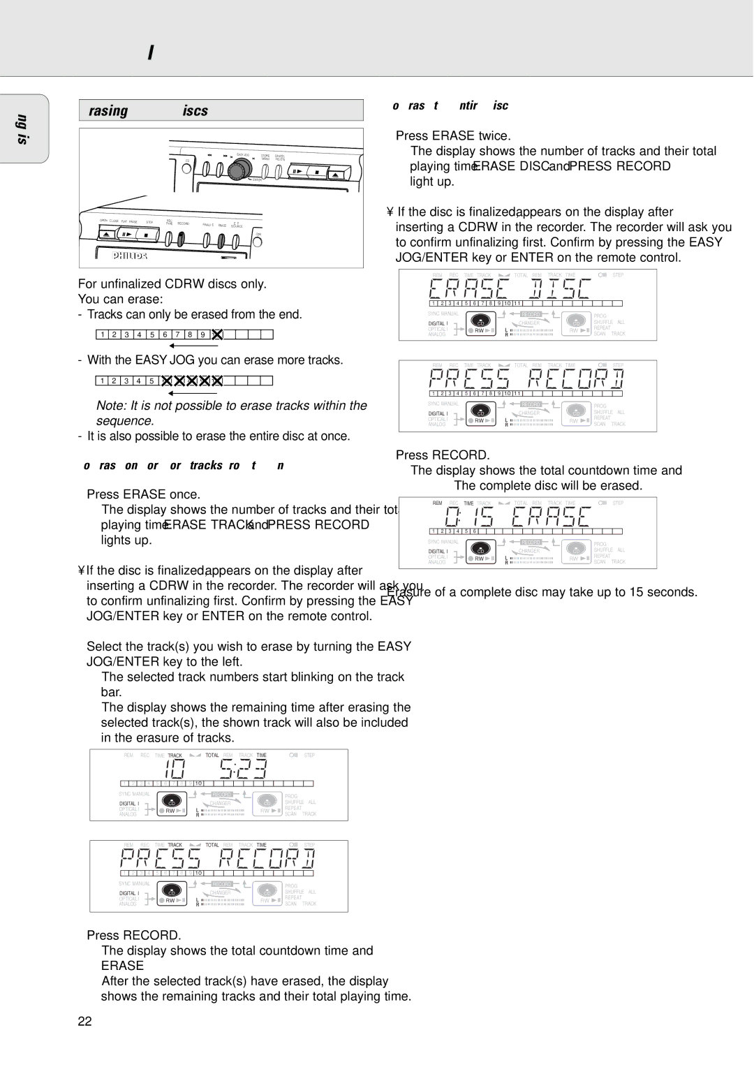 Philips CDR775/777 manual Erasing Cdrw discs, To erase one or more tracks from the end, To erase the entire disc 