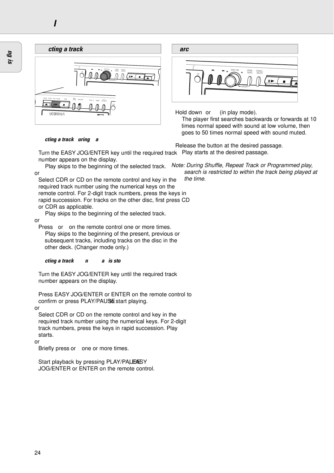 Philips CDR775/777 manual Search, Selecting a track during play, Selecting a track when CD play is stopped 