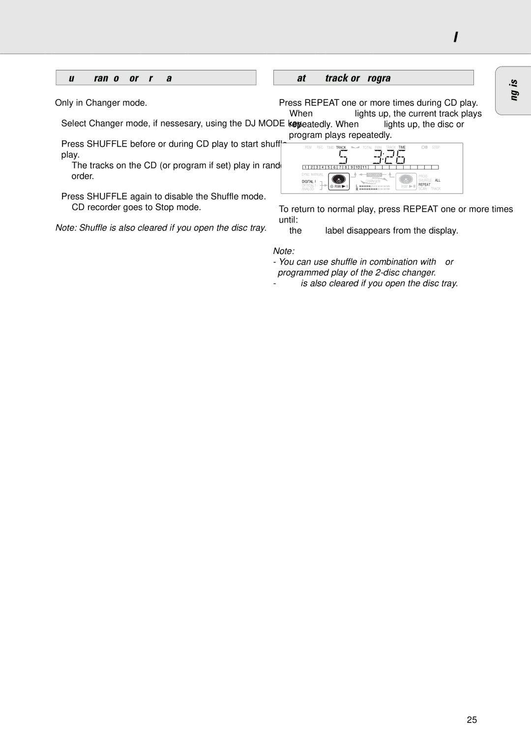 Philips CDR775/777 manual Shuffle random order play, Repeat CD, track or program, Only in Changer mode 