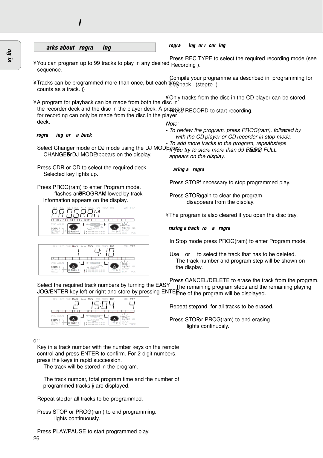 Philips CDR775/777 manual Remarks about programming, Programming for playback, Clearing a program 