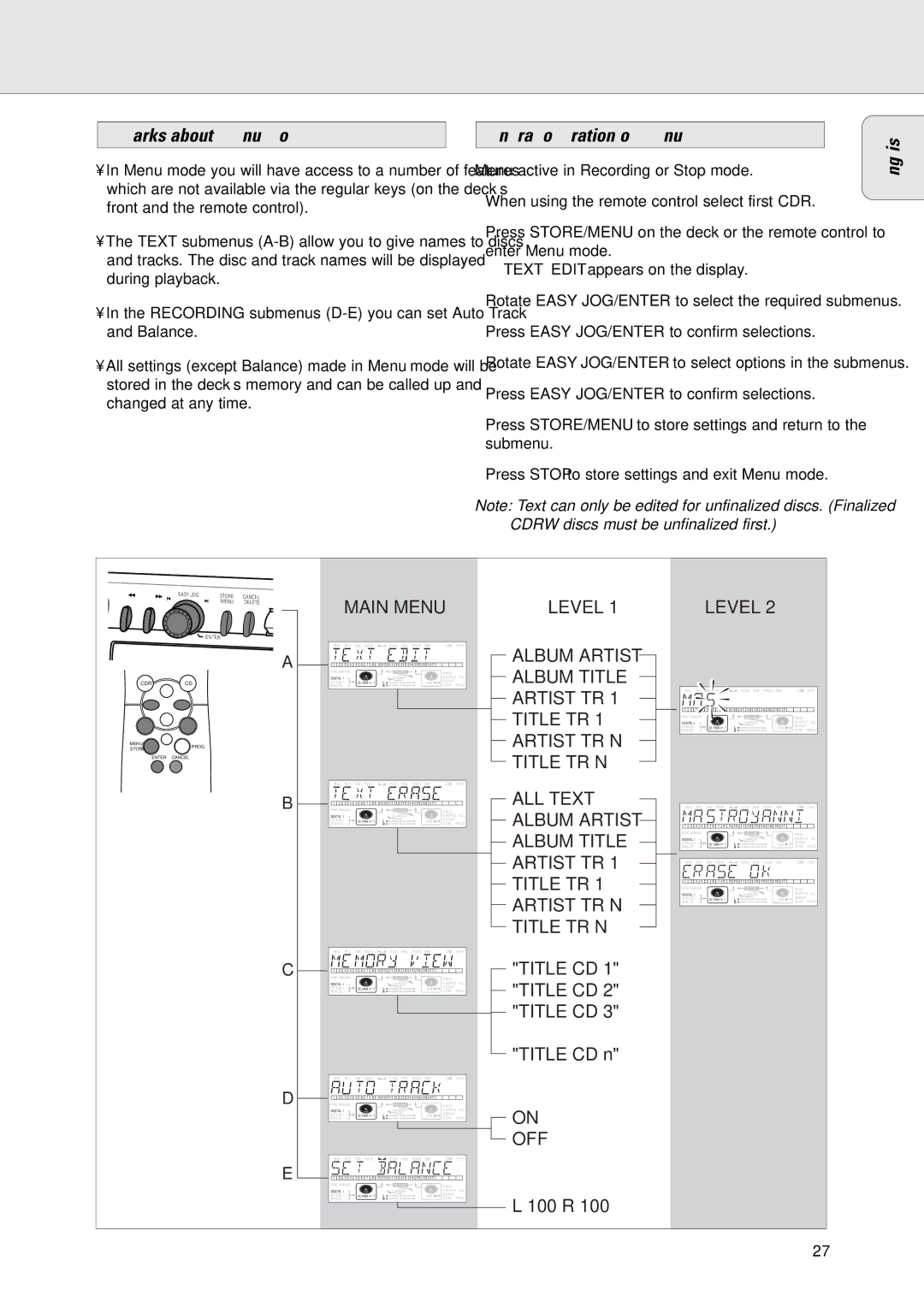 Philips CDR775/777 manual Menu Mode, Remarks about Menu mode General operation of Menu English 