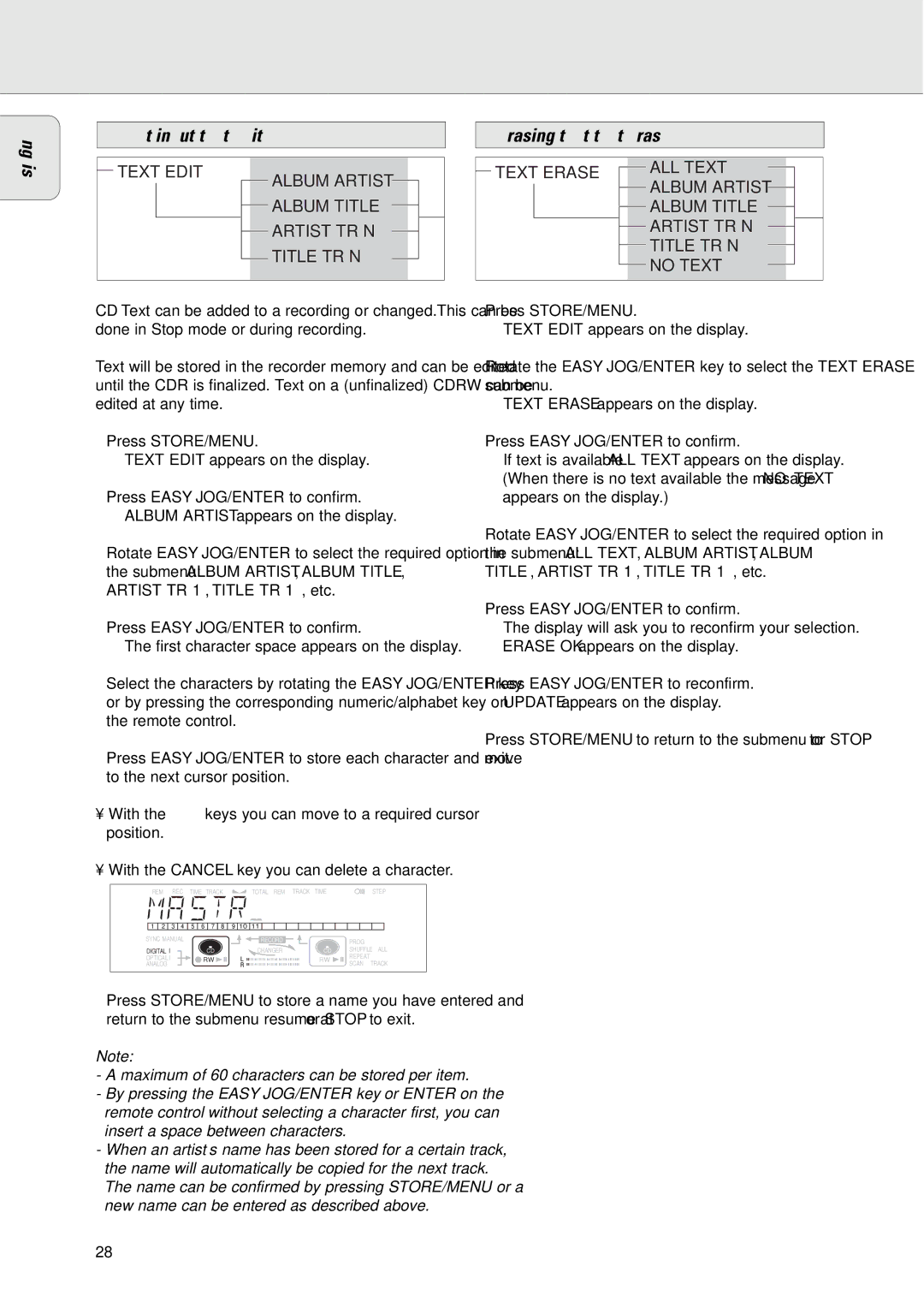 Philips CDR775/777 manual Menu MODE/CD Text, English Text input/text edit, Erasing text/text erase 