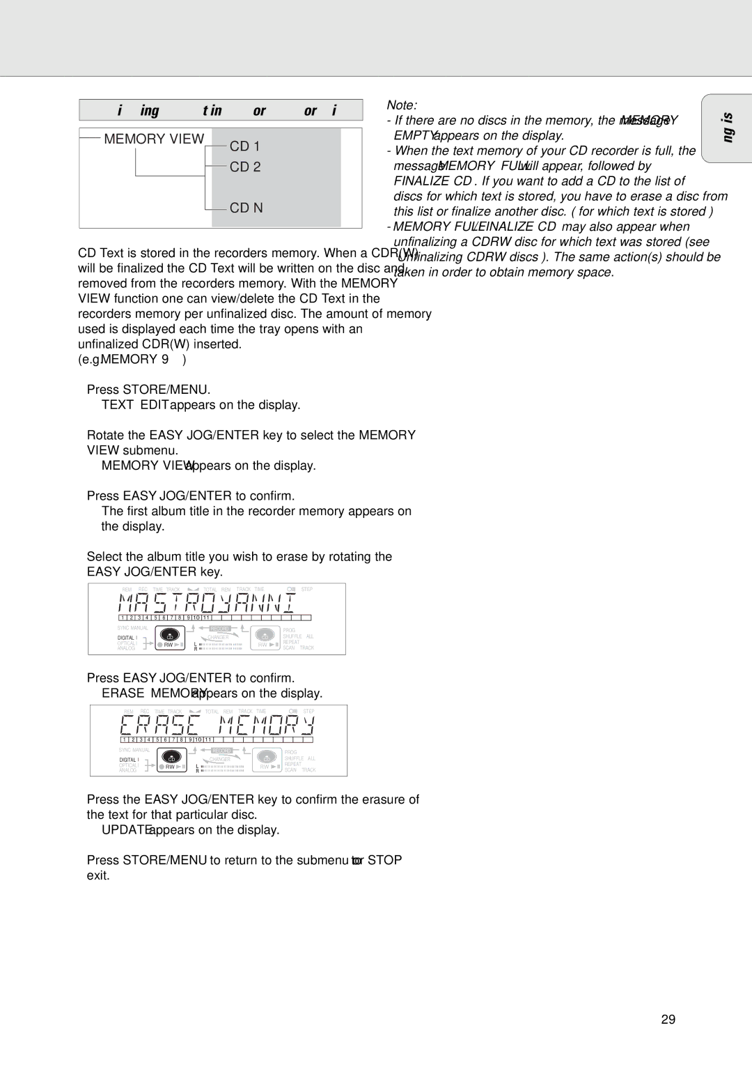 Philips CDR775/777 manual Reviewing CD Text in memory/memory view 