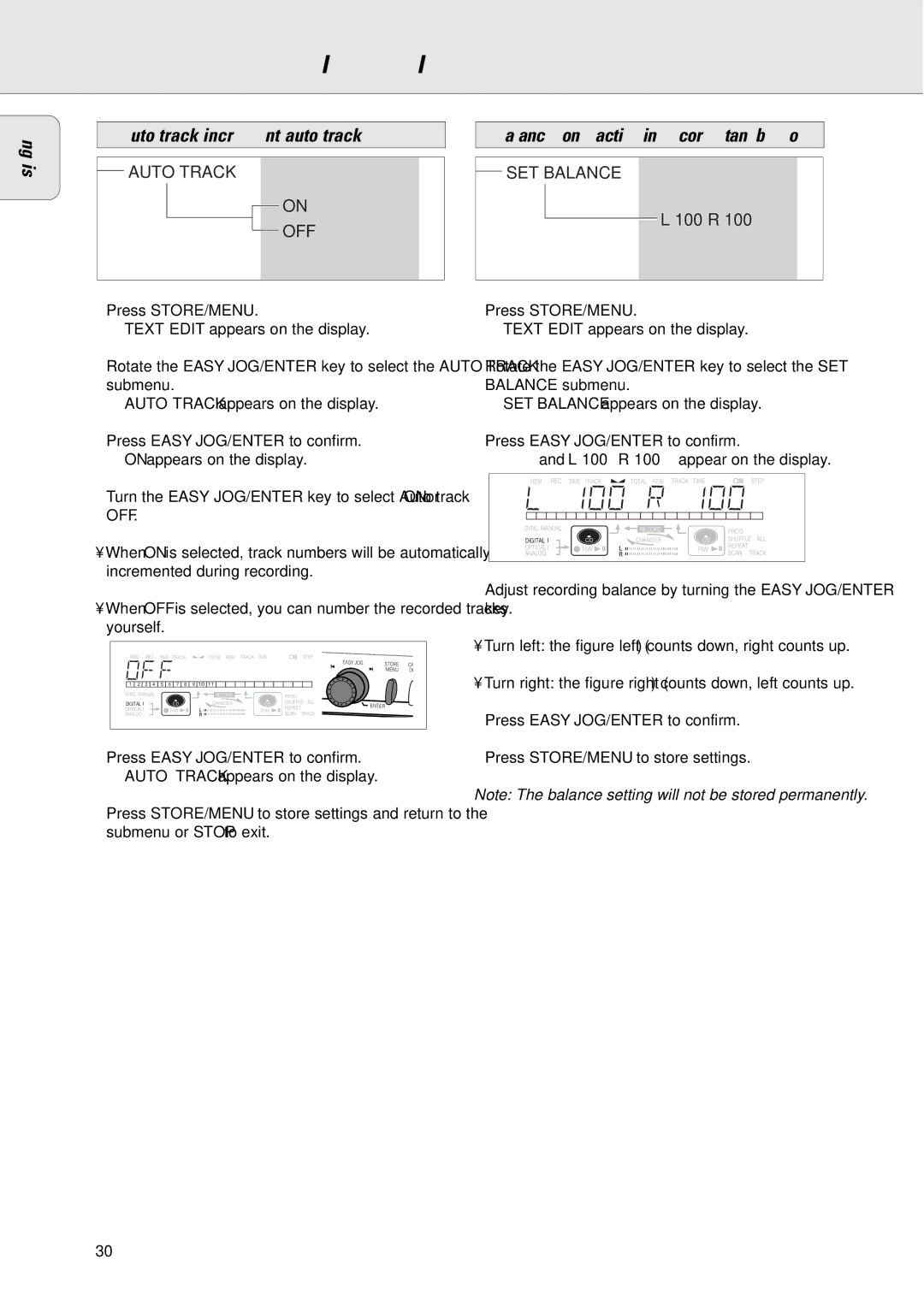 Philips CDR775/777 manual Menu MODE/RECORDING Settings, English Auto track increment/auto track 