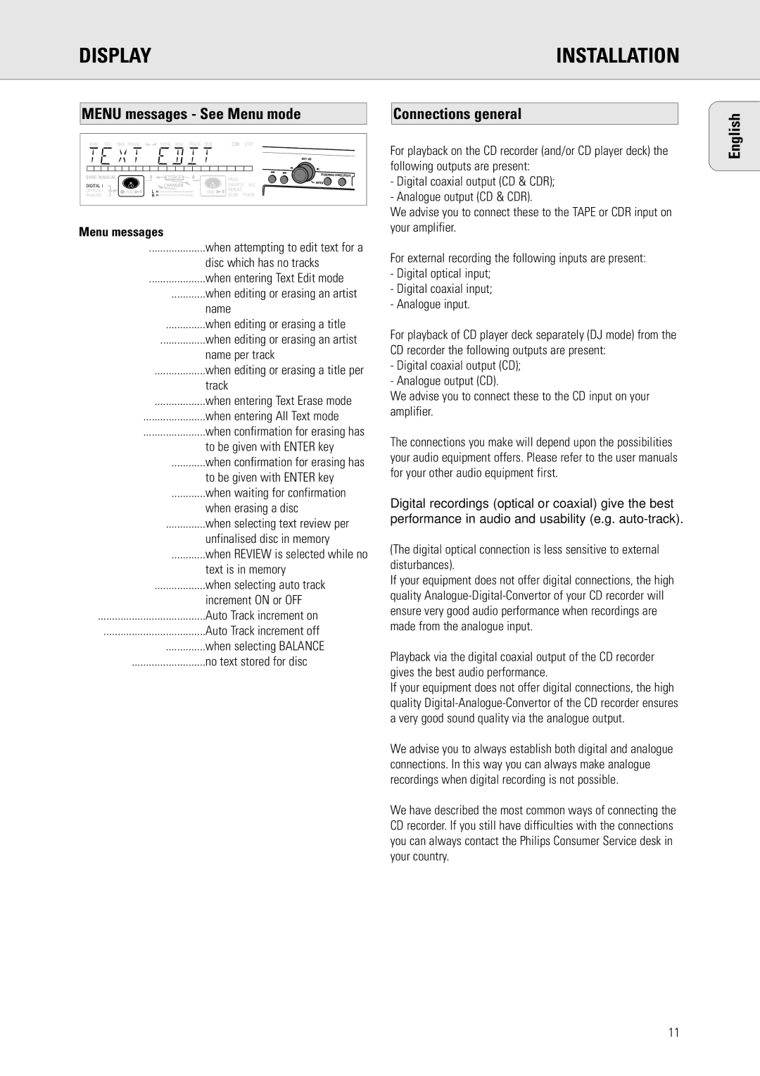 Philips CDR778 manual Menu messages See Menu mode Connections general English 