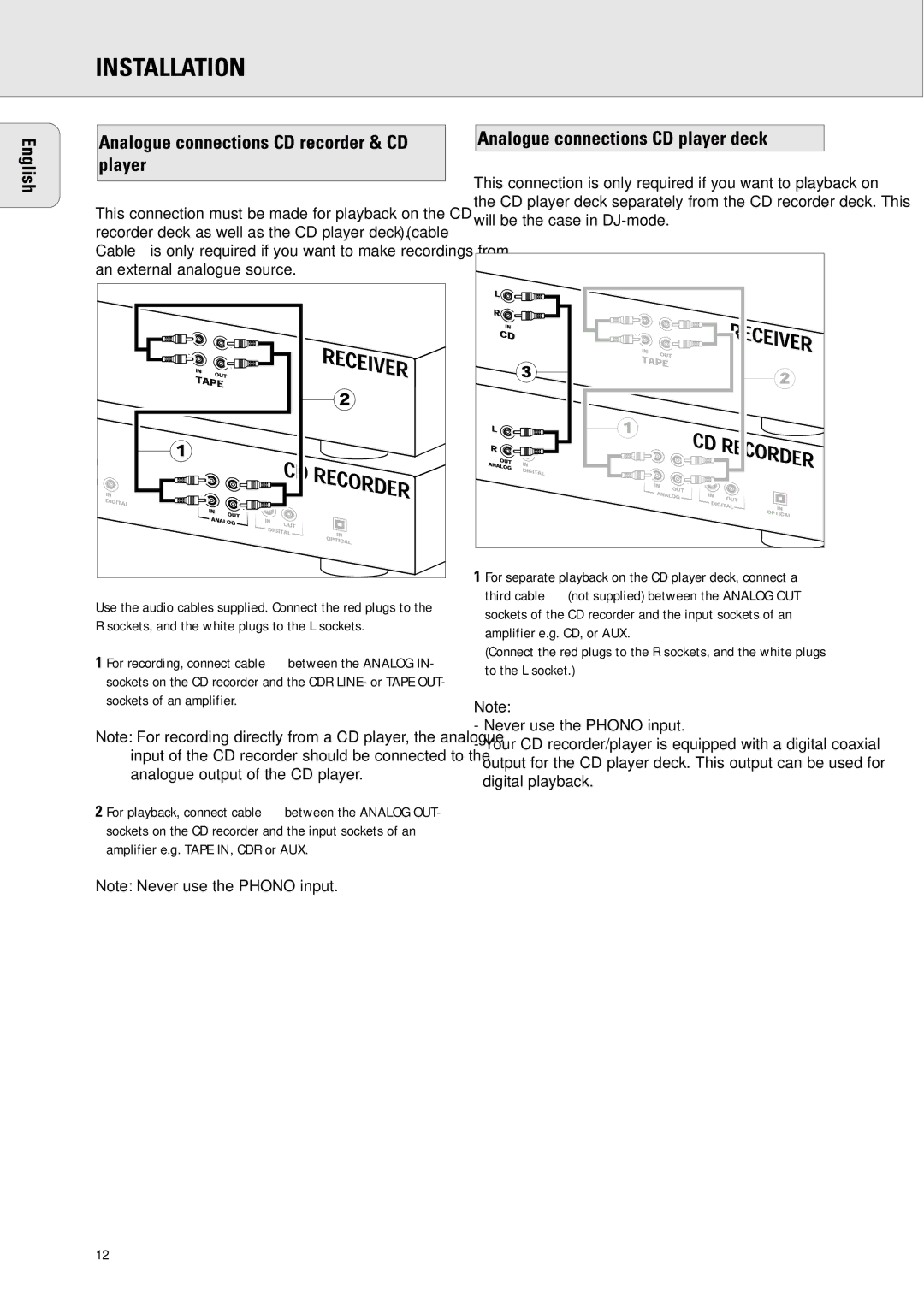 Philips CDR778 Installation, English Analogue connections CD recorder & CD player, Analogue connections CD player deck 