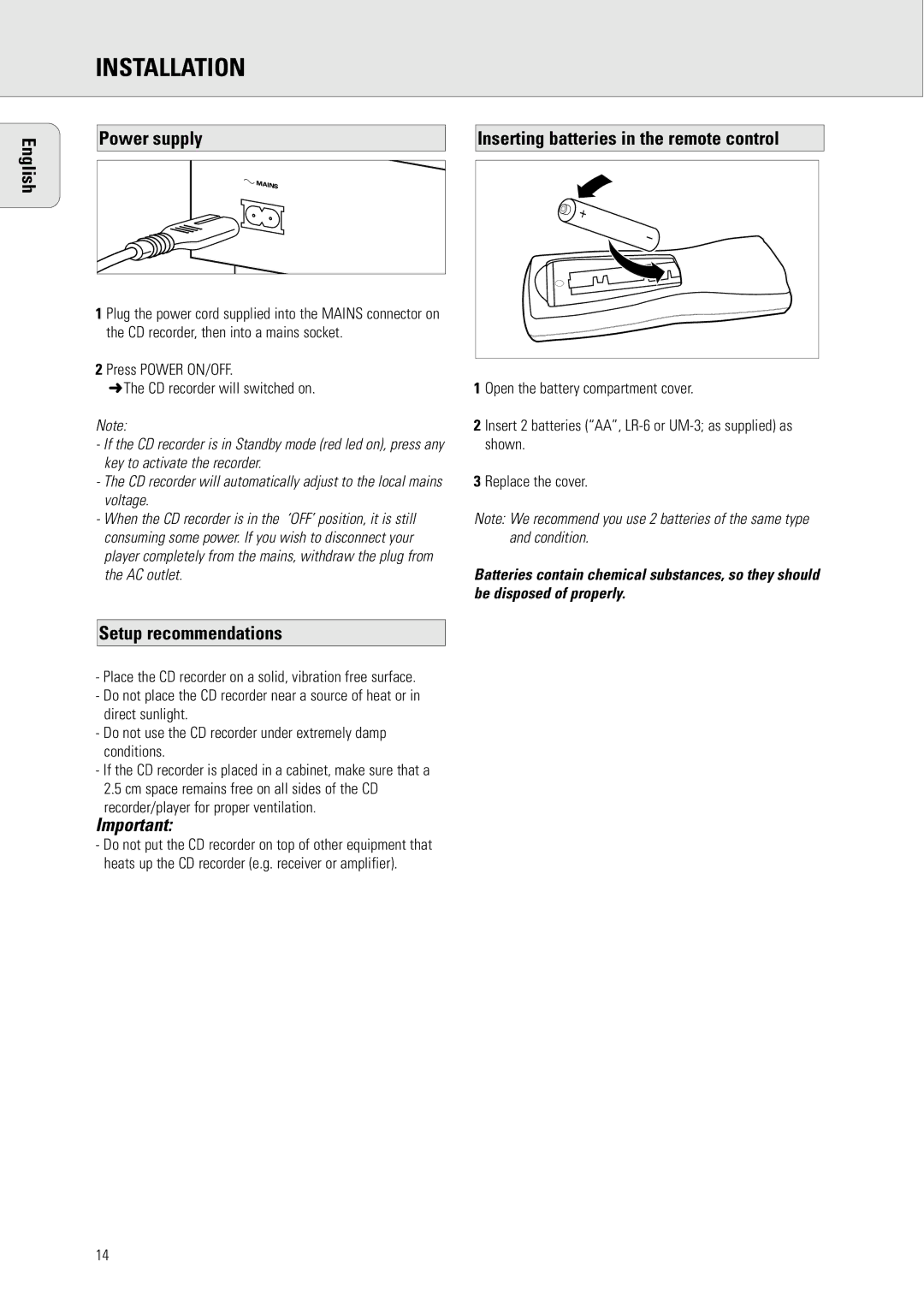 Philips CDR778 manual Power supply, Setup recommendations, Inserting batteries in the remote control 