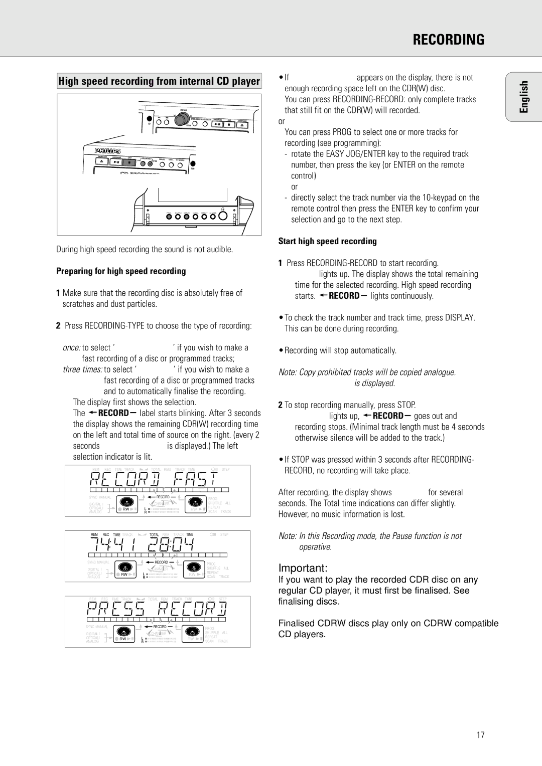 Philips CDR778 manual During high speed recording the sound is not audible, Preparing for high speed recording 