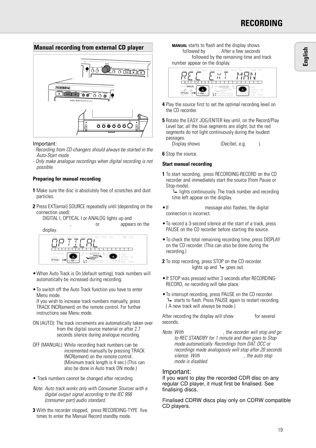 Philips CDR778 Manual recording from external CD player, Preparing for manual recording, Start manual recording 