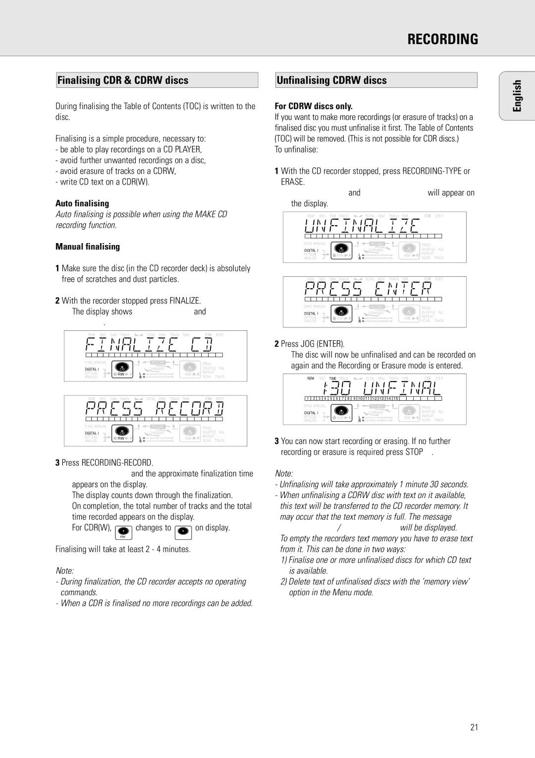 Philips CDR778 manual Finalising CDR & Cdrw discs, Unfinalising Cdrw discs, Auto finalising, Manual finalising 