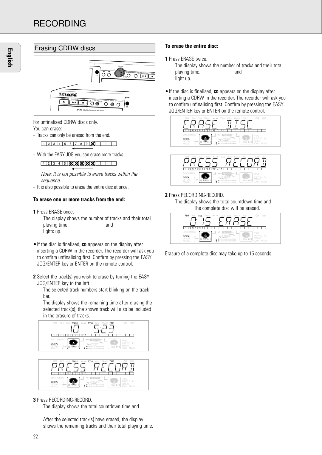 Philips CDR778 manual English Erasing Cdrw discs, To erase the entire disc, To erase one or more tracks from the end 