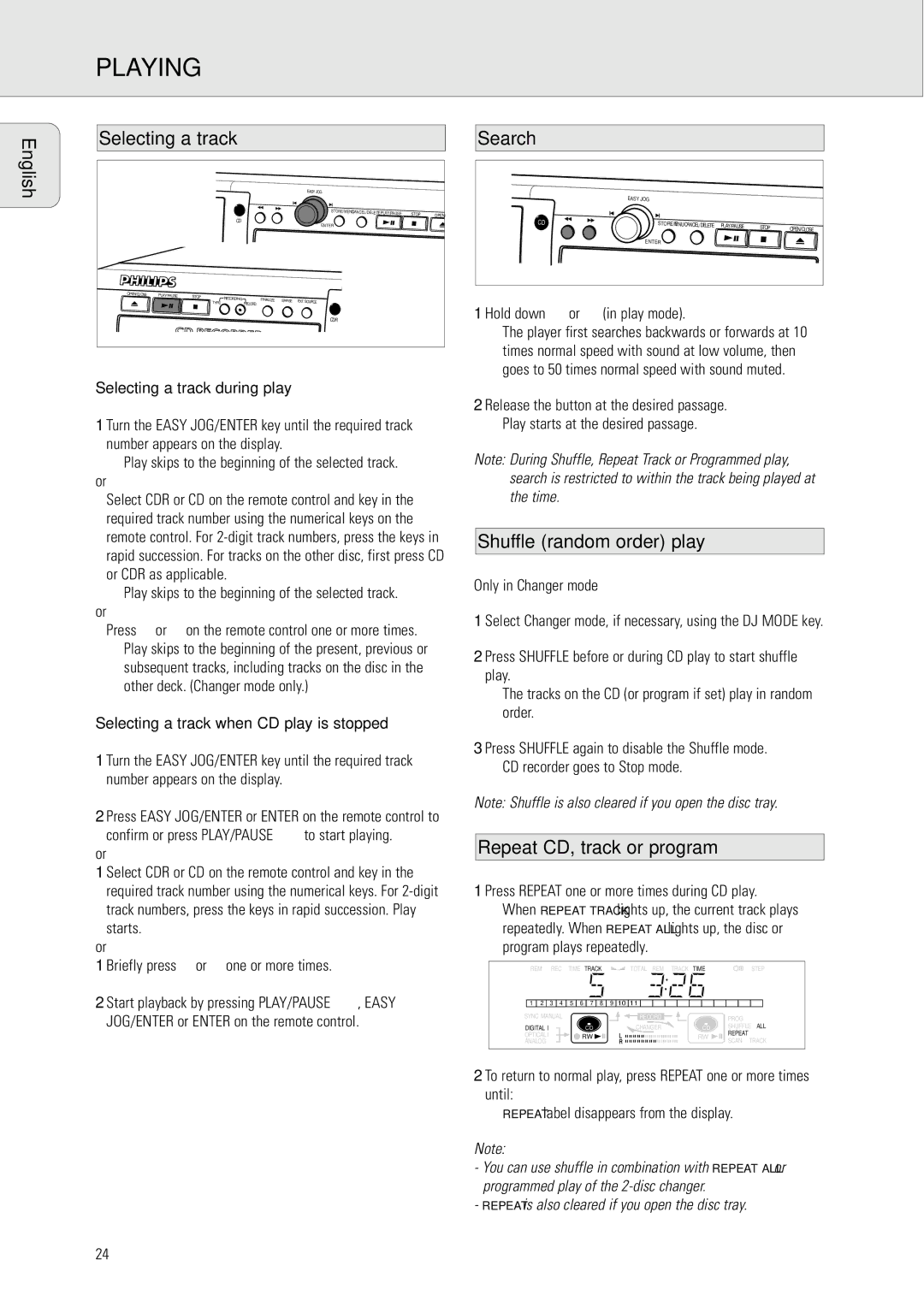 Philips CDR778 manual English Selecting a track, Search, Shuffle random order play, Repeat CD, track or program 