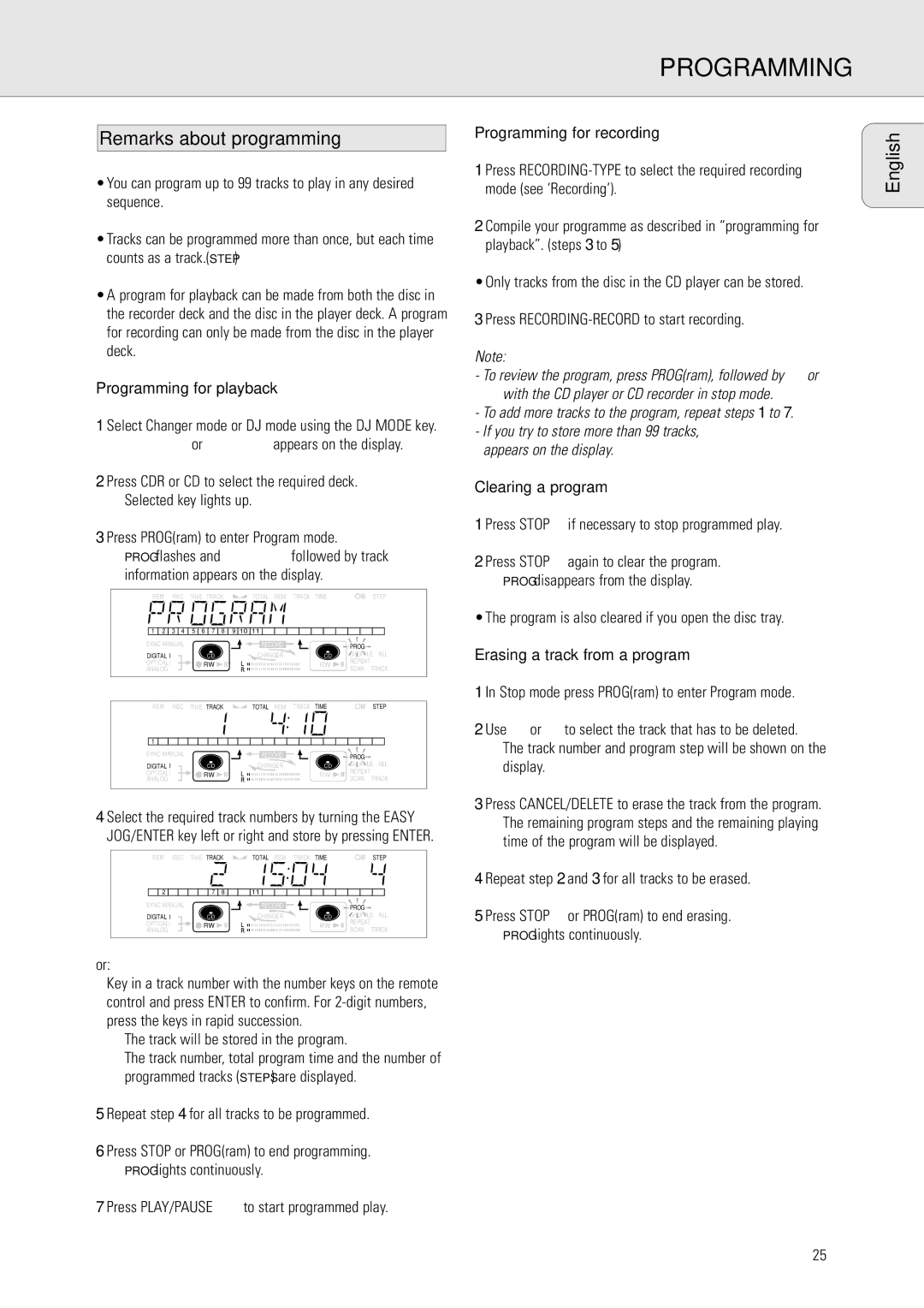 Philips CDR778 Remarks about programming, Programming for playback, Clearing a program, Erasing a track from a program 