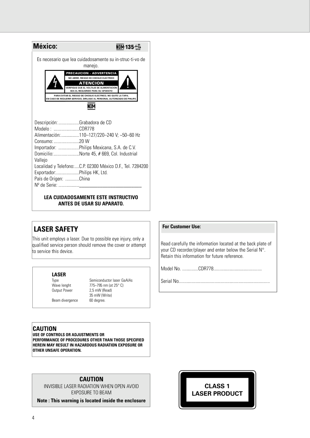 Philips CDR778 manual Laser, For Customer Use 