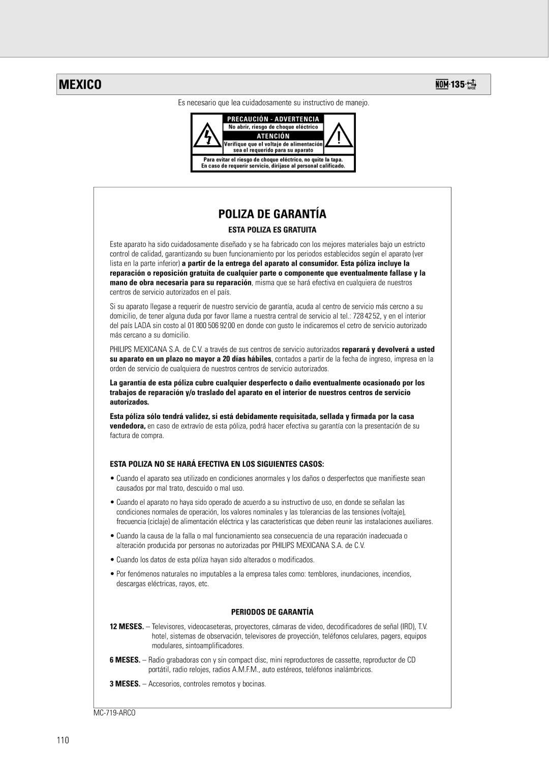 Philips CDR778 manual Mexico, 110 