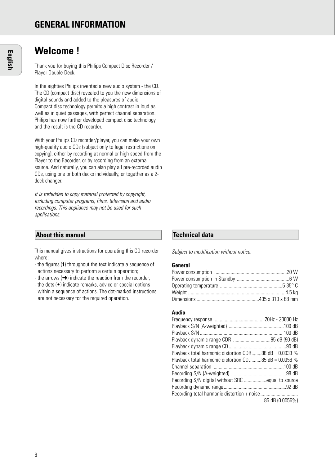 Philips CDR778 General Information, About this manual, Technical data, Audio 