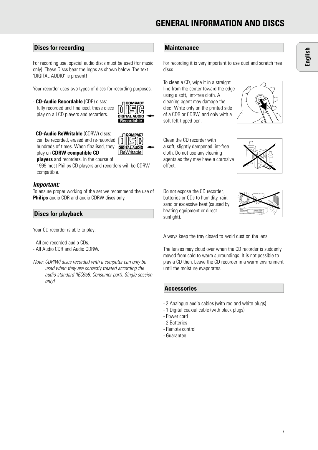 Philips CDR778 manual General Information and Discs, Discs for recording, Discs for playback, Accessories 