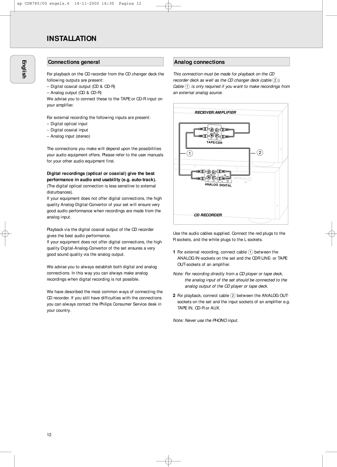 Philips CDR785/00, CDR 786 manual Installation, Connections general Analog connections 