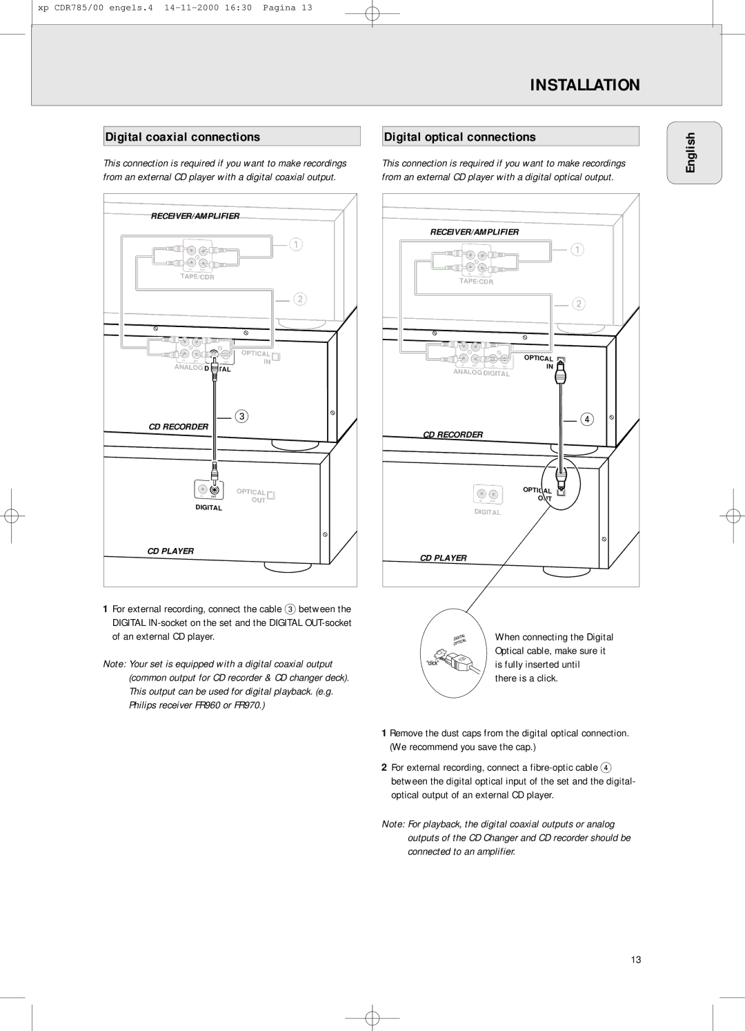 Philips CDR 786, CDR785/00 manual Digital coaxial connections, Digital optical connections 