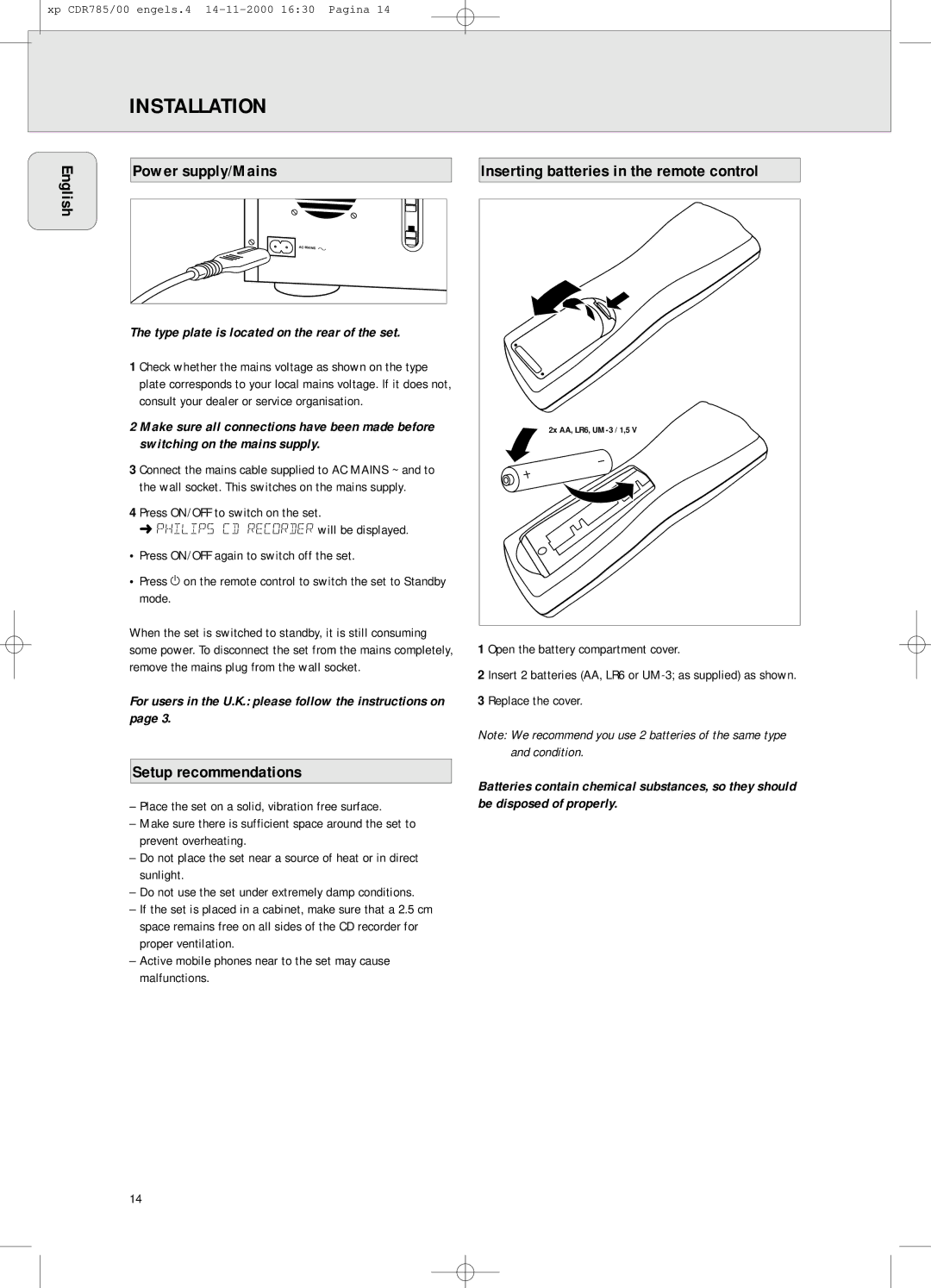 Philips CDR785/00, CDR 786 manual Setup recommendations, Type plate is located on the rear of the set 