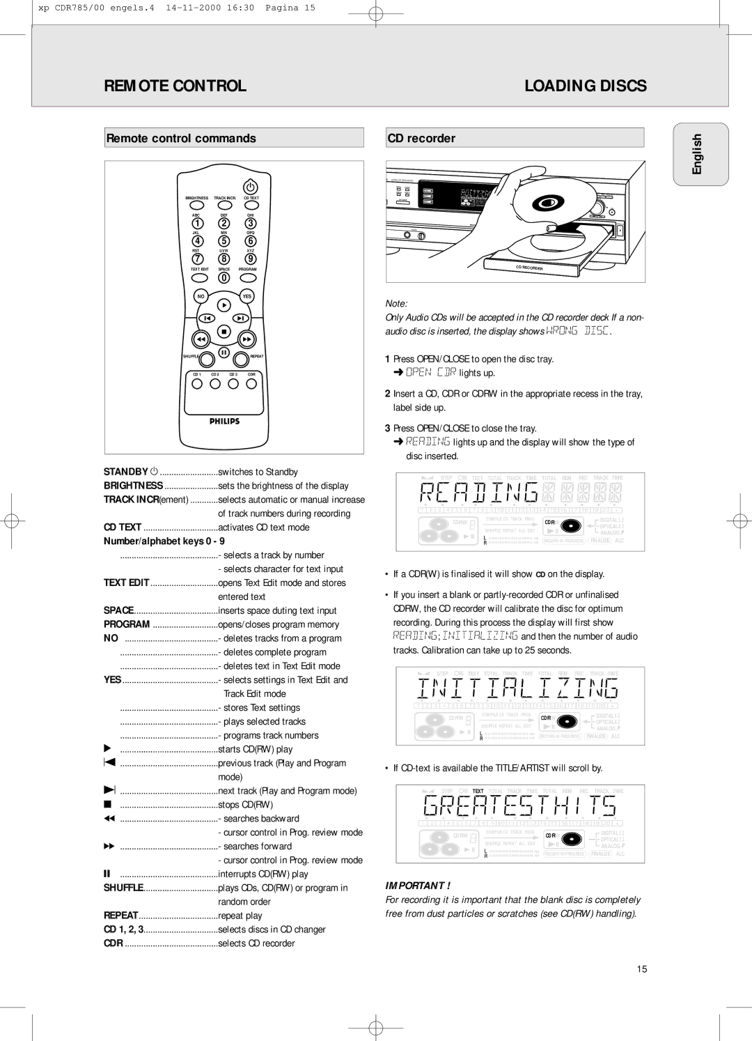 Philips CDR 786, CDR785/00 manual Remote Control Loading Discs, Remote control commands 