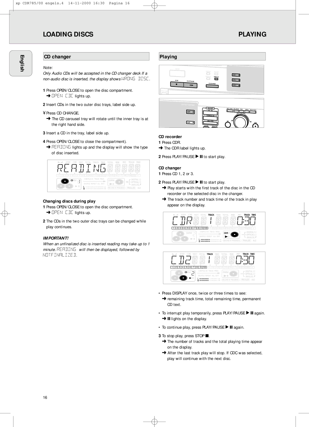 Philips CDR785/00, CDR 786 manual English CD changer, Playing, Changing discs during play, Notfinalized 