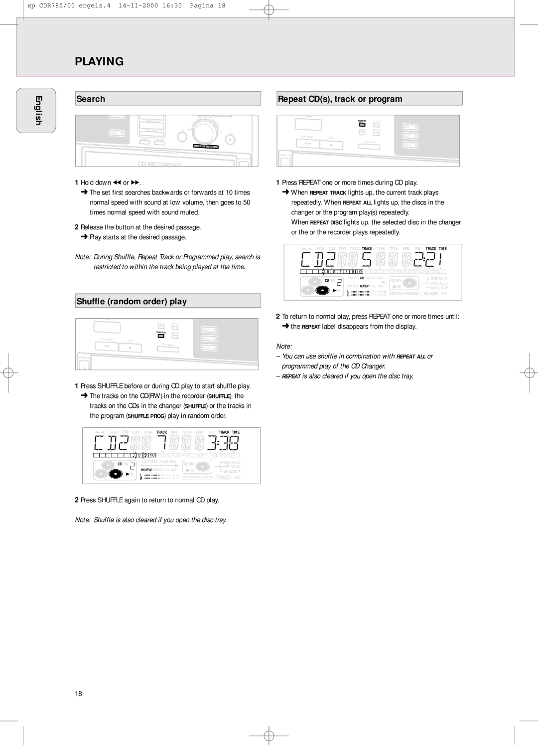 Philips CDR785/00, CDR 786 manual Playing, Search, Shuffle random order play, Repeat CDs, track or program 