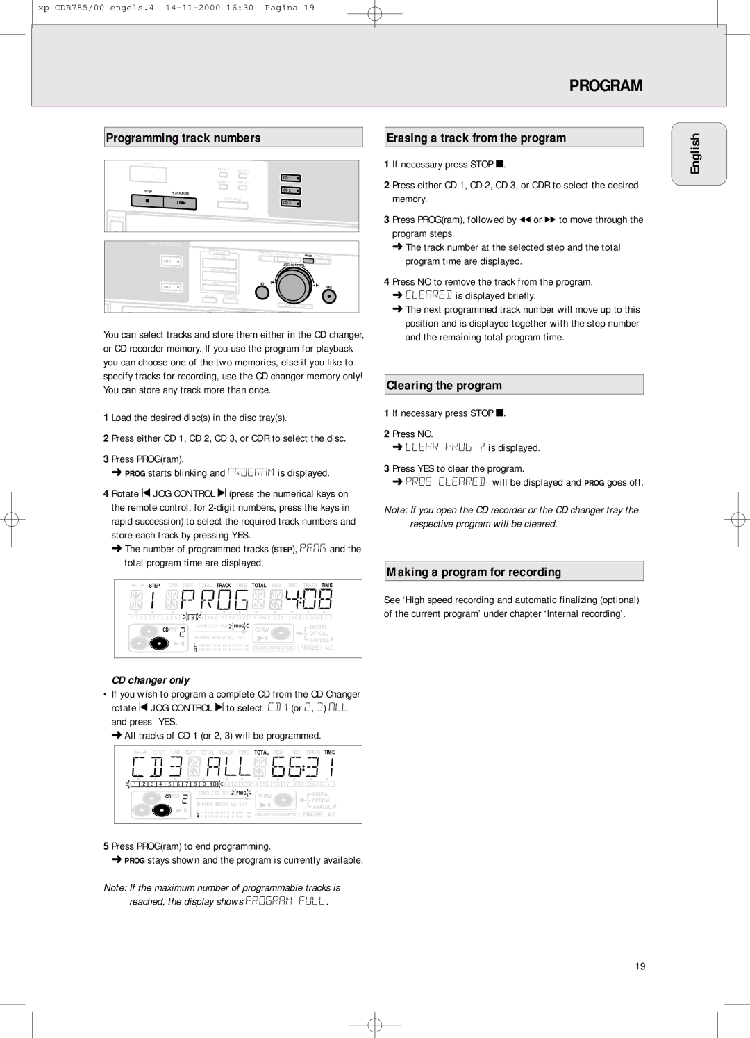 Philips CDR 786, CDR785/00 manual Programming track numbers, Erasing a track from the program, Clearing the program 