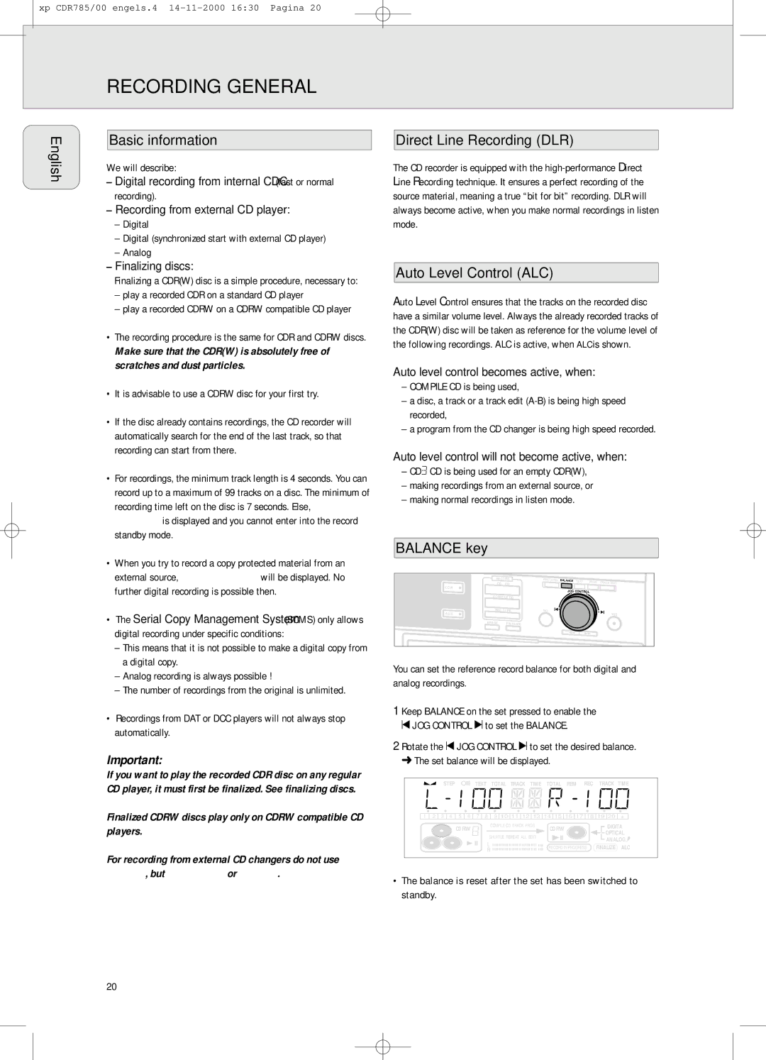 Philips CDR785/00, CDR 786 Recording General, English Basic information, Direct Line Recording DLR, Auto Level Control ALC 