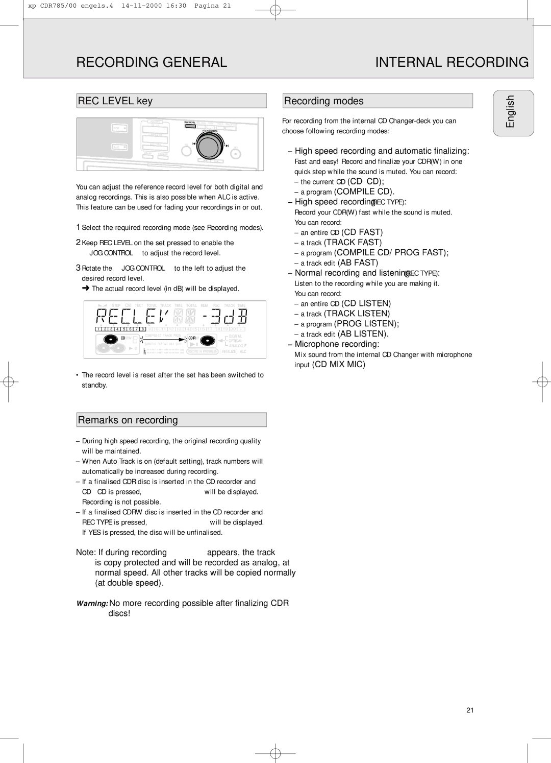 Philips CDR 786 manual Recording General Internal Recording, REC Level key, Recording modes, English Remarks on recording 