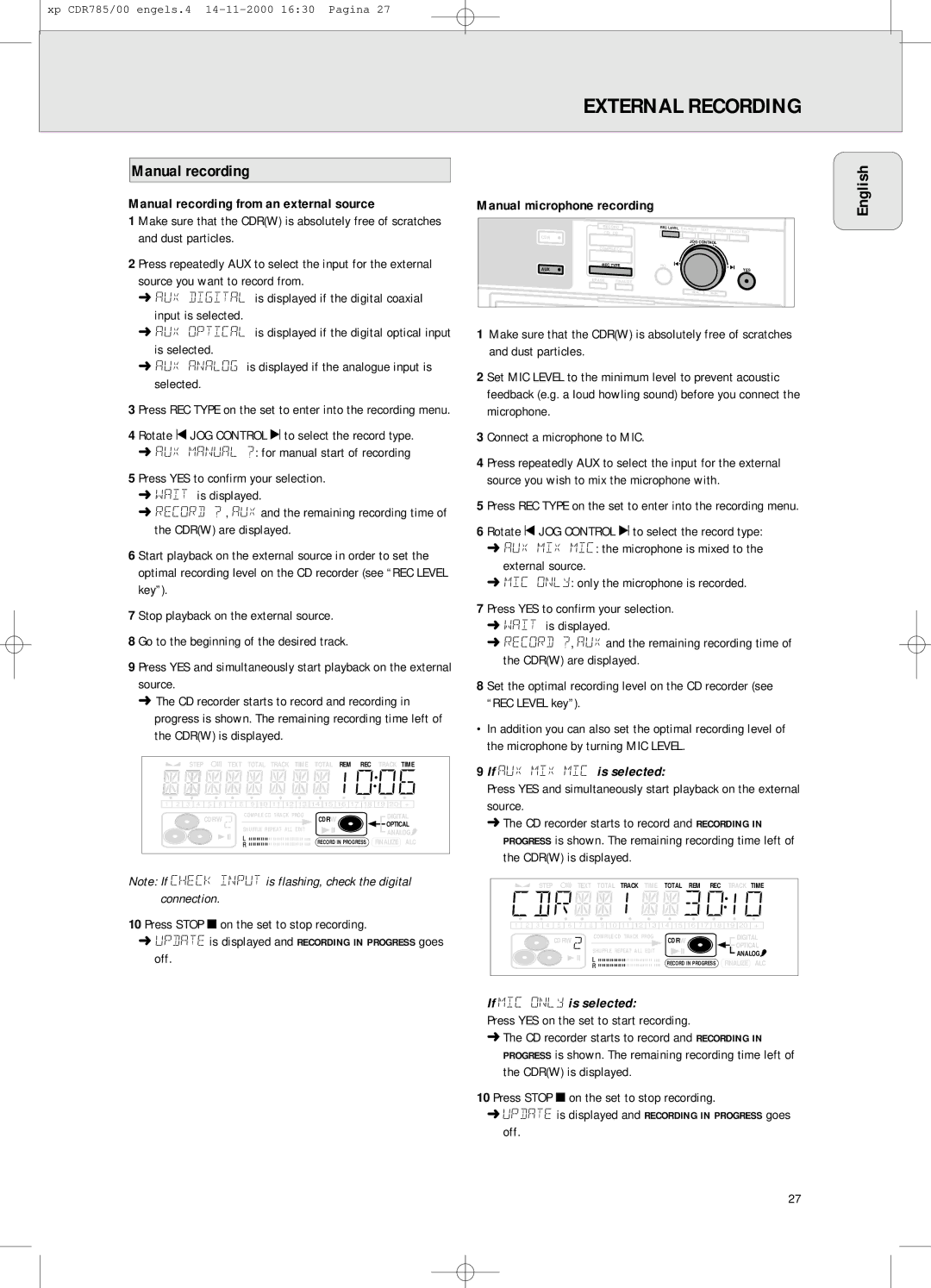 Philips CDR 786 Manual recording from an external source, Manual microphone recording, If AUX MIX MIC is selected 