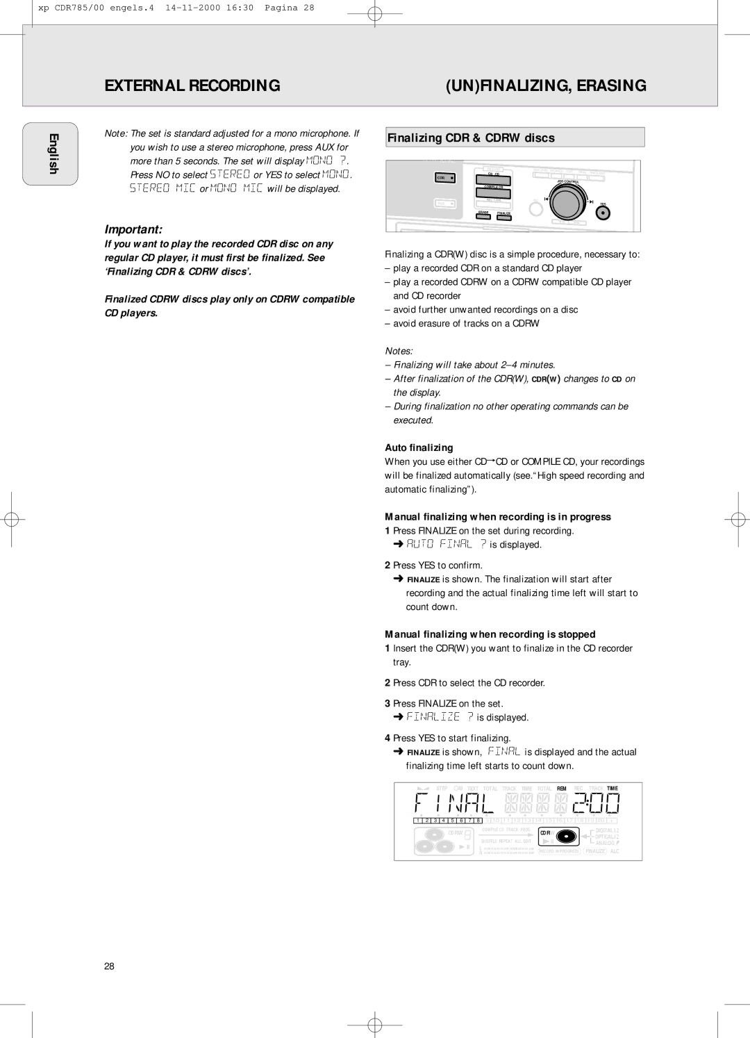 Philips CDR785/00, CDR 786 manual External Recording UNFINALIZING, Erasing, Finalizing CDR & Cdrw discs, Auto finalizing 