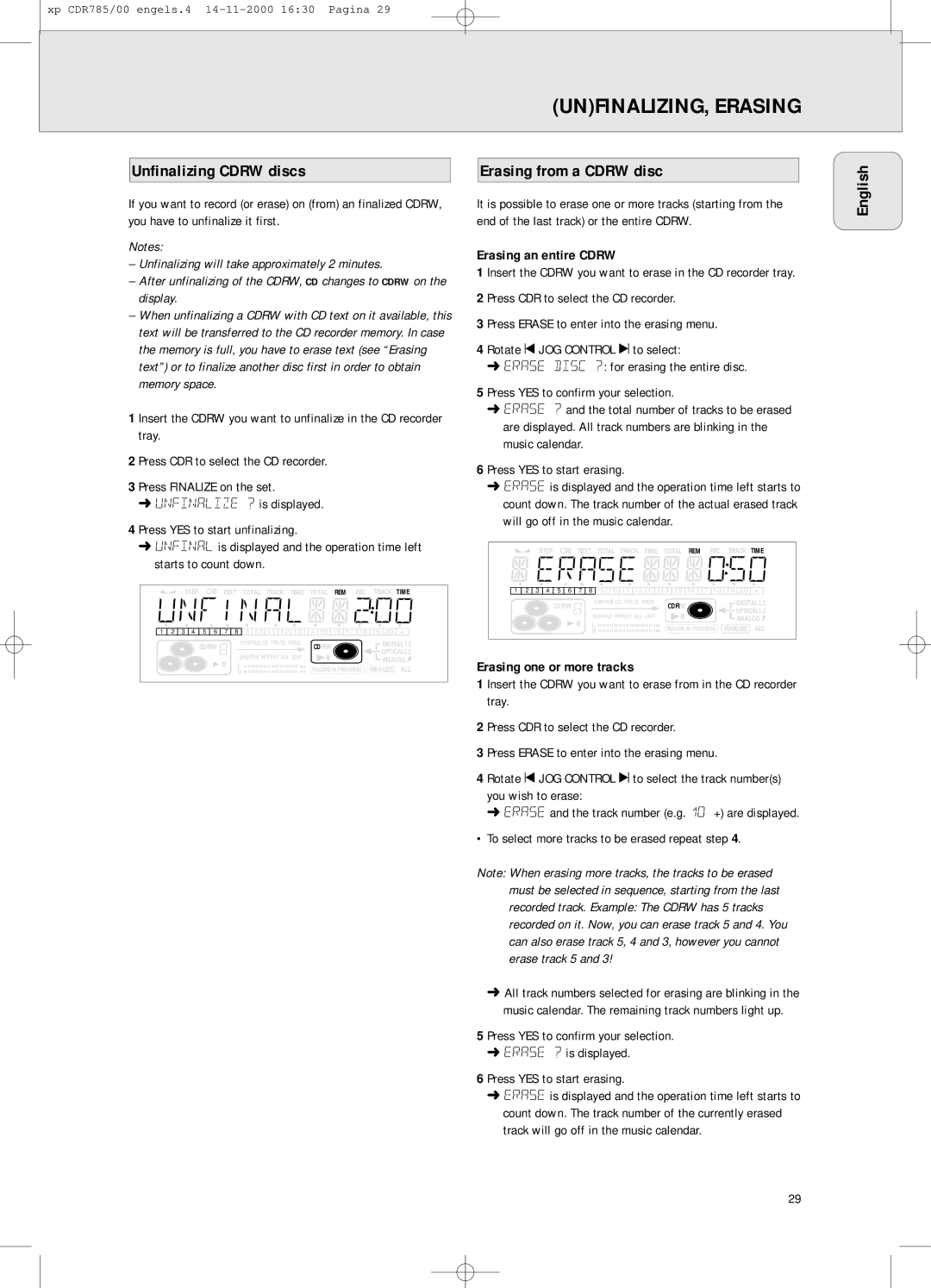 Philips CDR 786 Unfinalizing Cdrw discs, Erasing from a Cdrw disc, Erasing an entire Cdrw, Erasing one or more tracks 