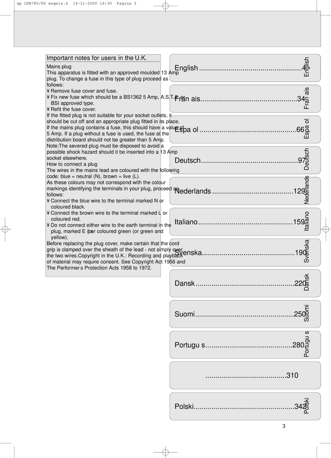 Philips CDR 786, CDR785/00 manual Important notes for users in the U.K, Mains plug, How to connect a plug 