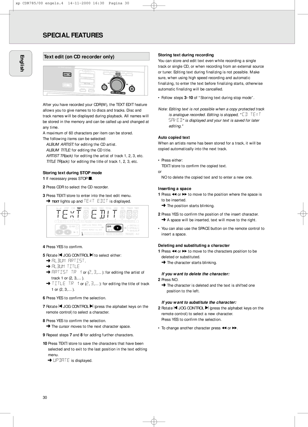 Philips CDR785/00, CDR 786 manual Special Features, Text edit on CD recorder only, If you want to delete the character 