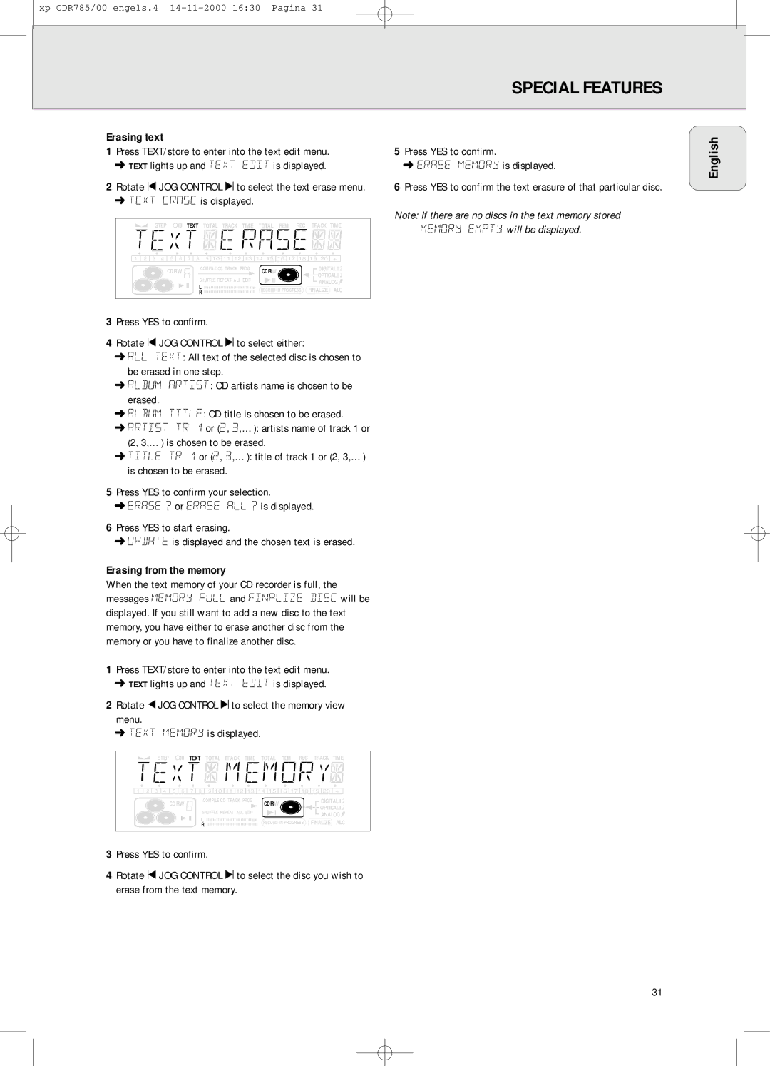 Philips CDR 786, CDR785/00 manual Erasing text, Text Erase is displayed, Press YES to confirm Erase Memory is displayed 