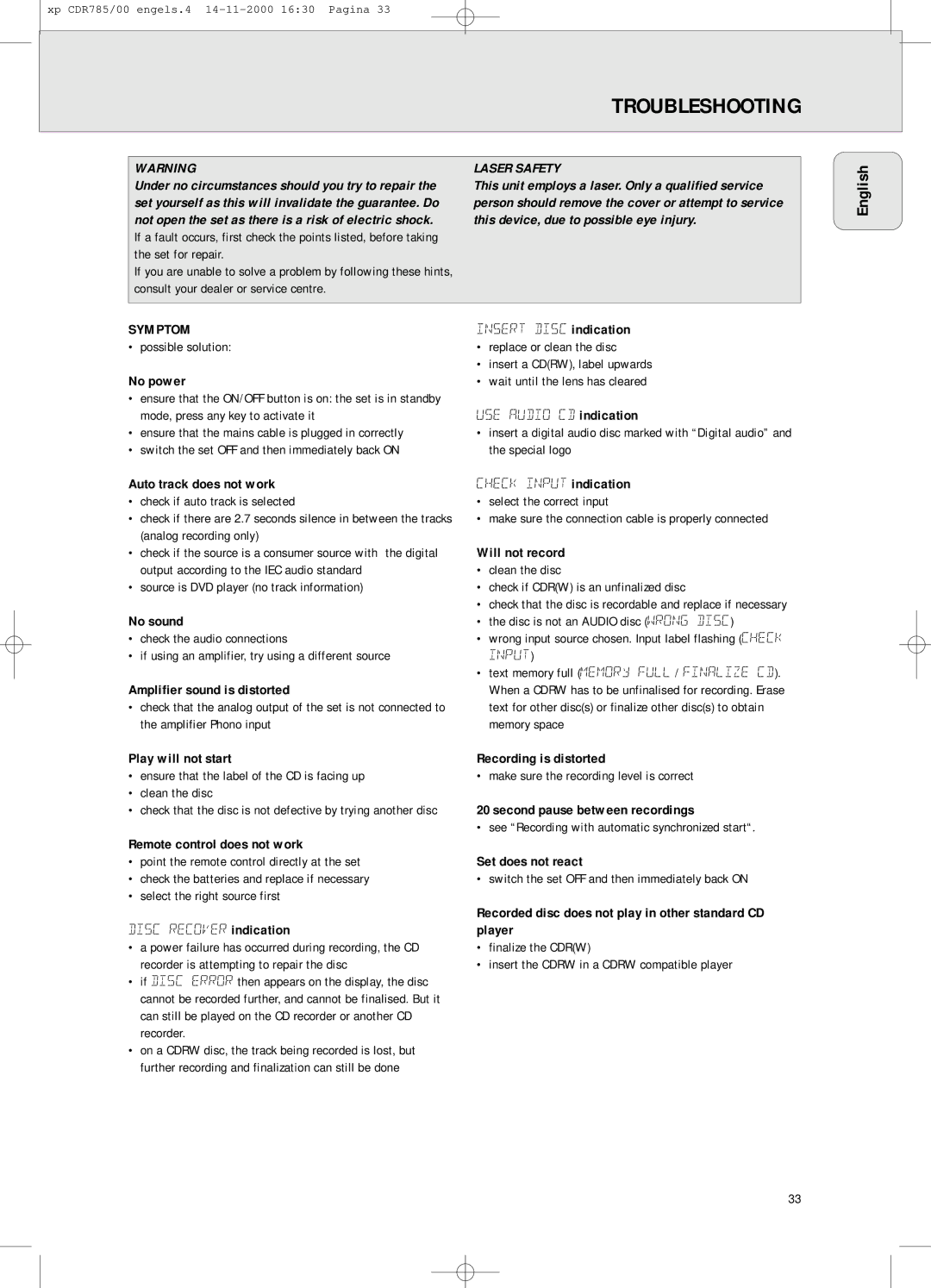 Philips CDR 786, CDR785/00 manual Troubleshooting, Symptom 