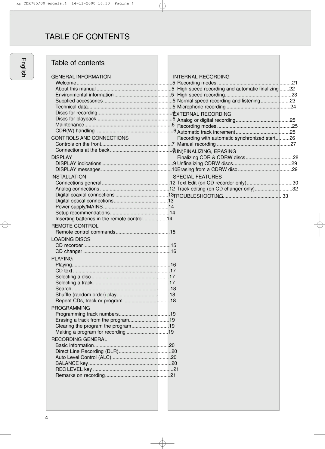 Philips CDR785/00, CDR 786 manual Table of Contents 