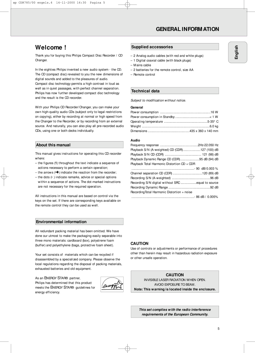 Philips CDR 786, CDR785/00 General Information, About this manual, Supplied accessories, Technical data 