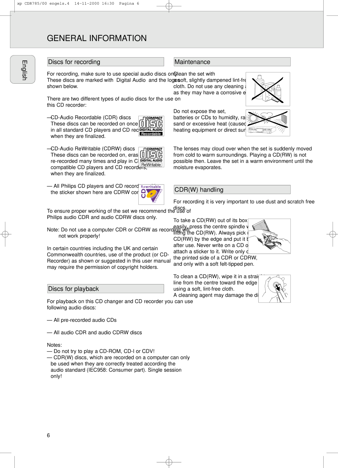 Philips CDR785/00, CDR 786 manual English Discs for recording, Discs for playback, Maintenance, Cdrw handling 