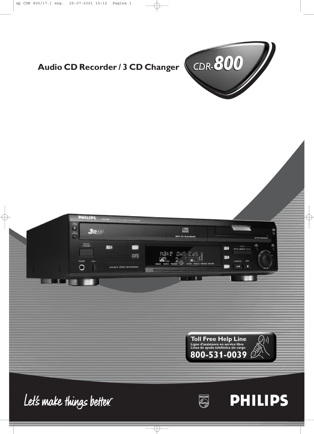 Philips CDR800 manual Audio CD Recorder / 3 CD Changer CDR-800 