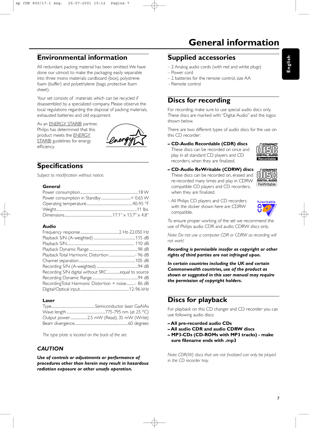 Philips CDR800 manual General information 