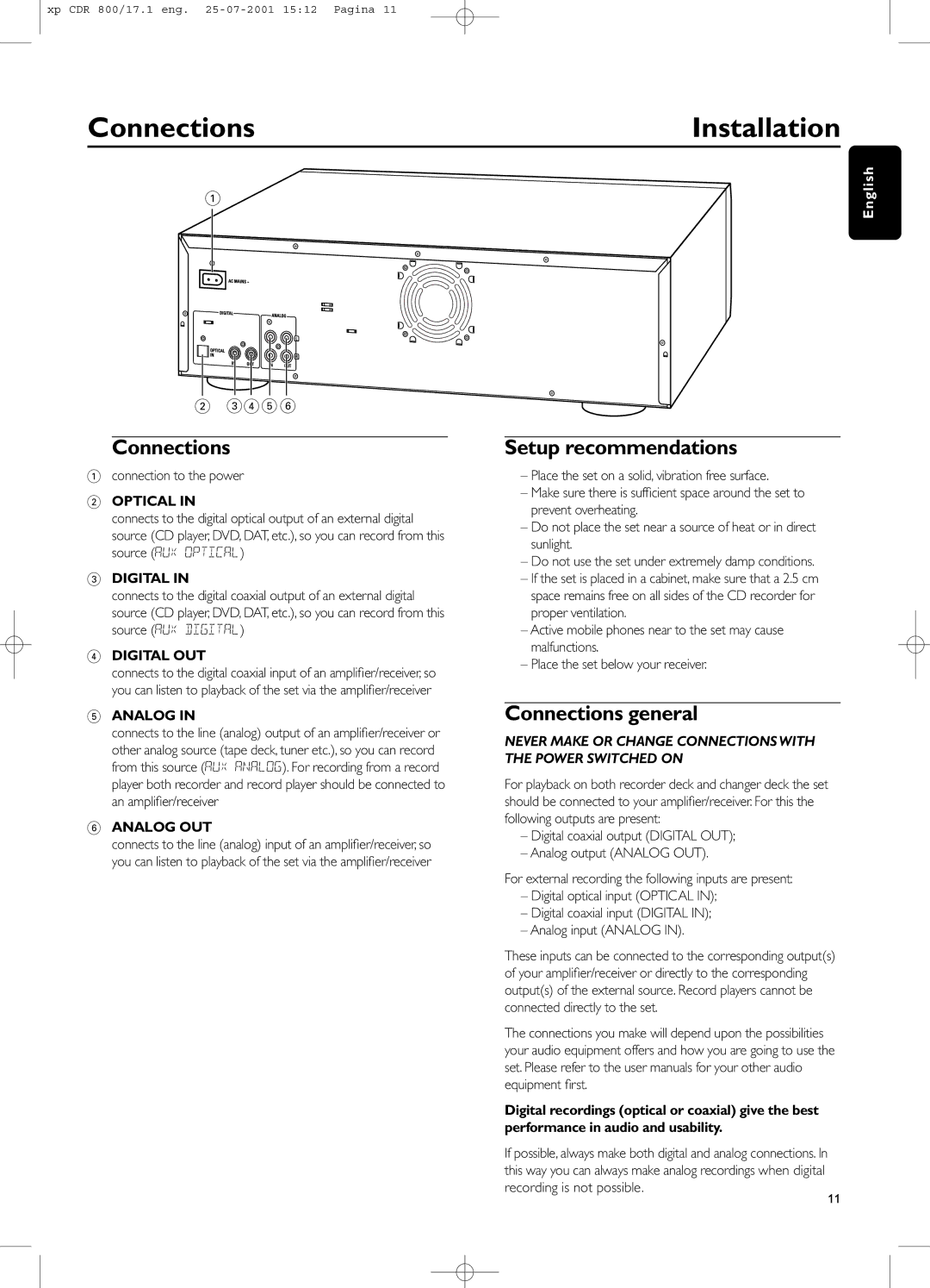 Philips CDR800 manual Setup recommendations, Connections general 