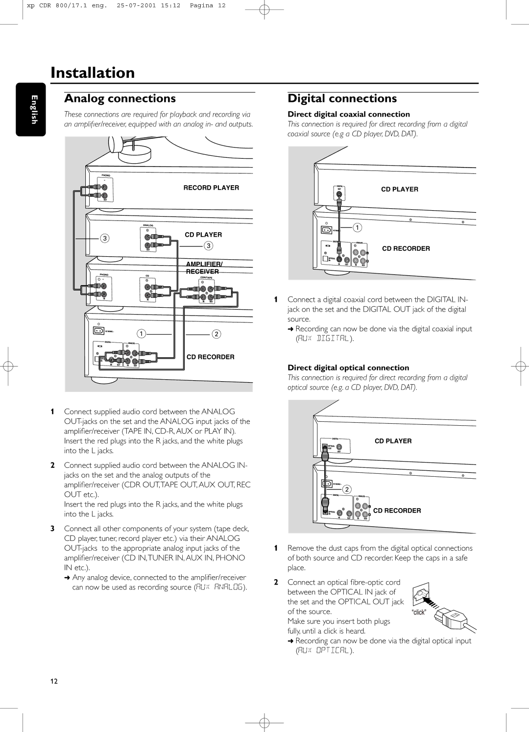 Philips CDR800 manual Installation, Direct digital coaxial connection, Coaxial source e.g a CD player, DVD, DAT 