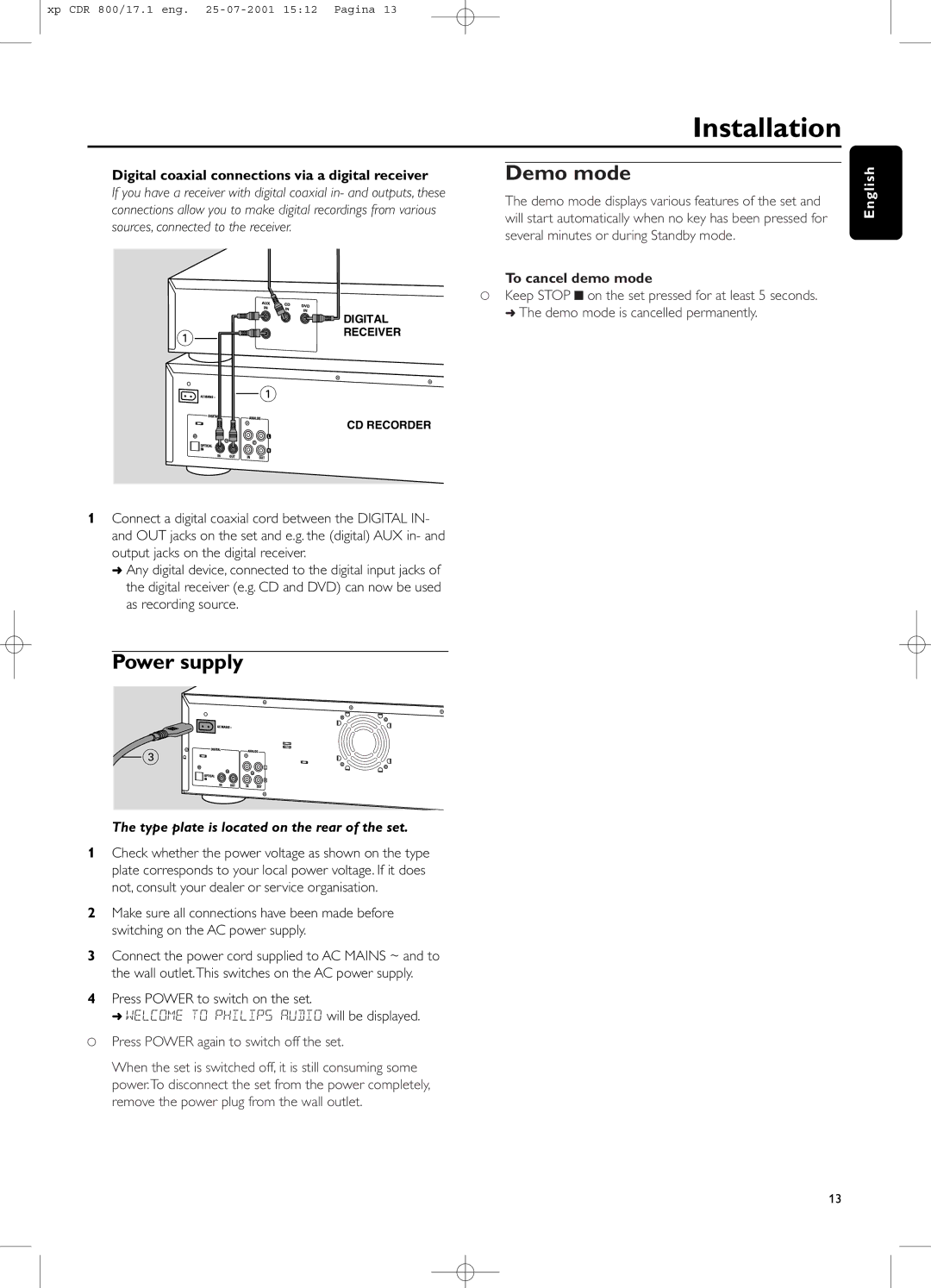 Philips CDR800 manual Demo mode, Power supply, Digital coaxial connections via a digital receiver, To cancel demo mode 