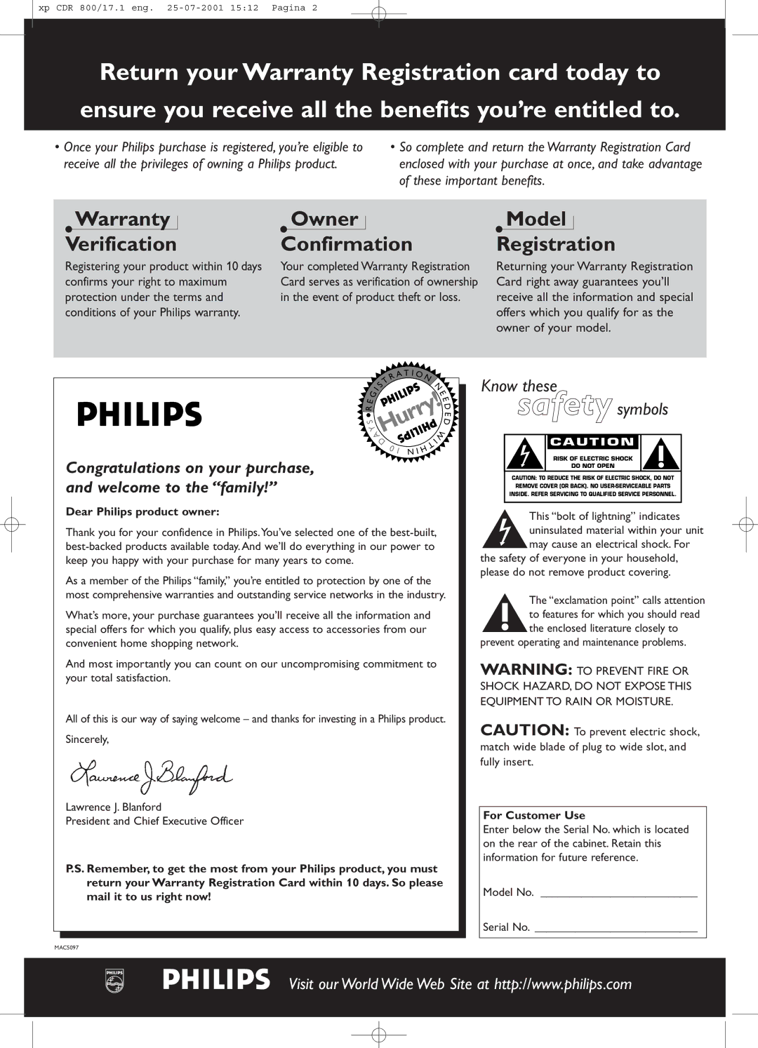 Philips CDR800 manual Dear Philips product owner, Prevent operating and maintenance problems, For Customer Use 